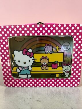 Hello Kitty Pink & White Polka Dot Tin with Rainbow Bench Scene